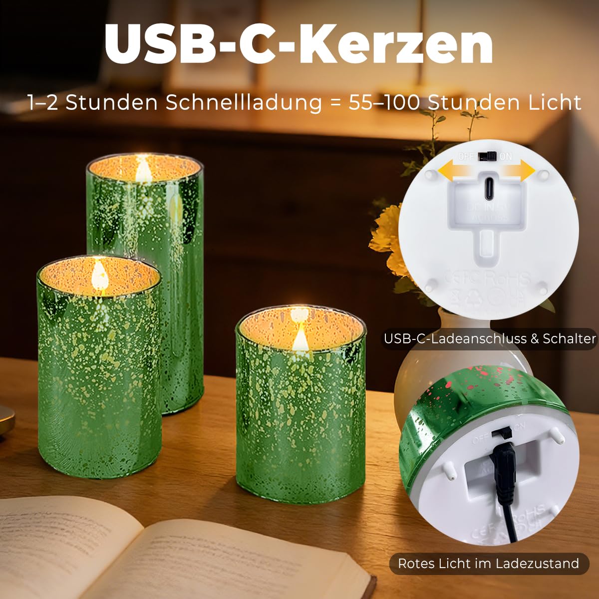 Candele a LED con funzione timer e telecomando, candele in vera cera ricaricabili USB, set da 3 pezzi, verde, fiamma tremolante, 55-100 ore, durata per Natale, camera da letto