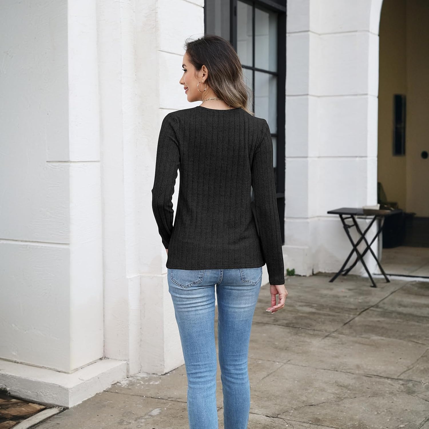 Sweaters for Women Fashion Long Sleeve Tops Button Pullover Crew Neck Casual Loose Slit Sweatshirt - Image 6