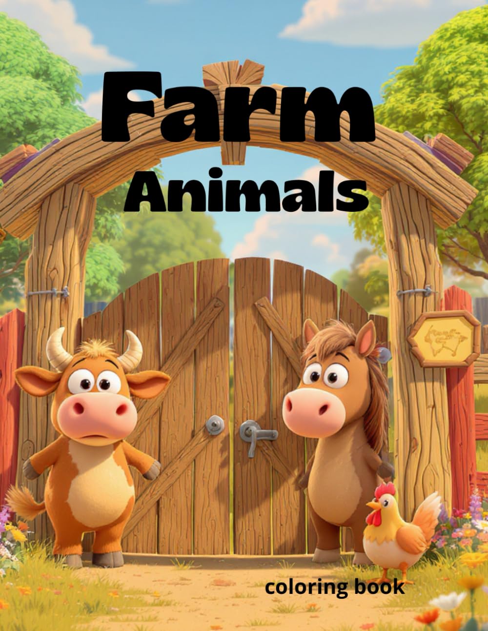FARM ANIMALS: Coloring book featuring various farm animals.