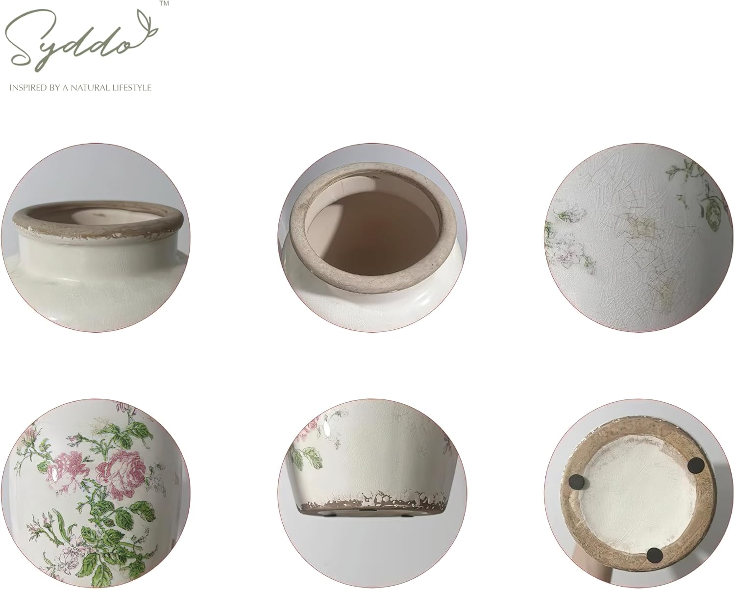 SYDDOL White Ceramic Vase, Small French Country Style Porcelian Vase Hand Painted Floral Design with Vintage Crackle Glaze for Wedding Dinner Table Office Bedroom - 5.5 Inch / 14 CM (Pink Floral)