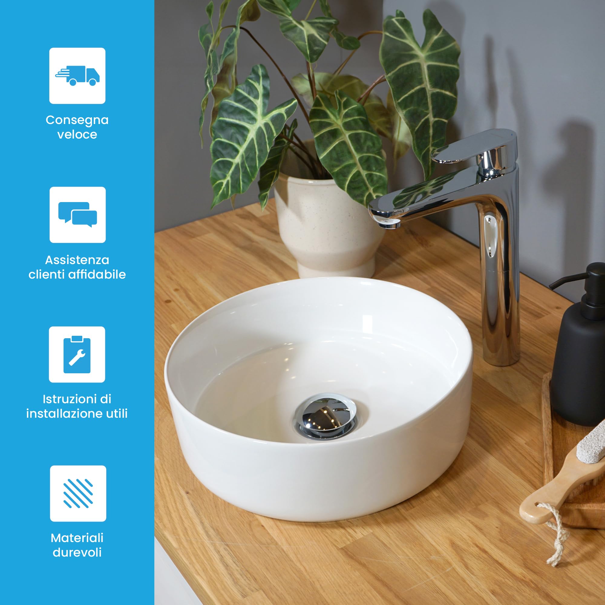 Bächlein Lavabo da appoggio Tamula (rotondo) – Lavabo in ceramica Ø 31,5 cm – Lavabo dal design moderno per bagno e WC – Lavabo di alta qualità in bianco