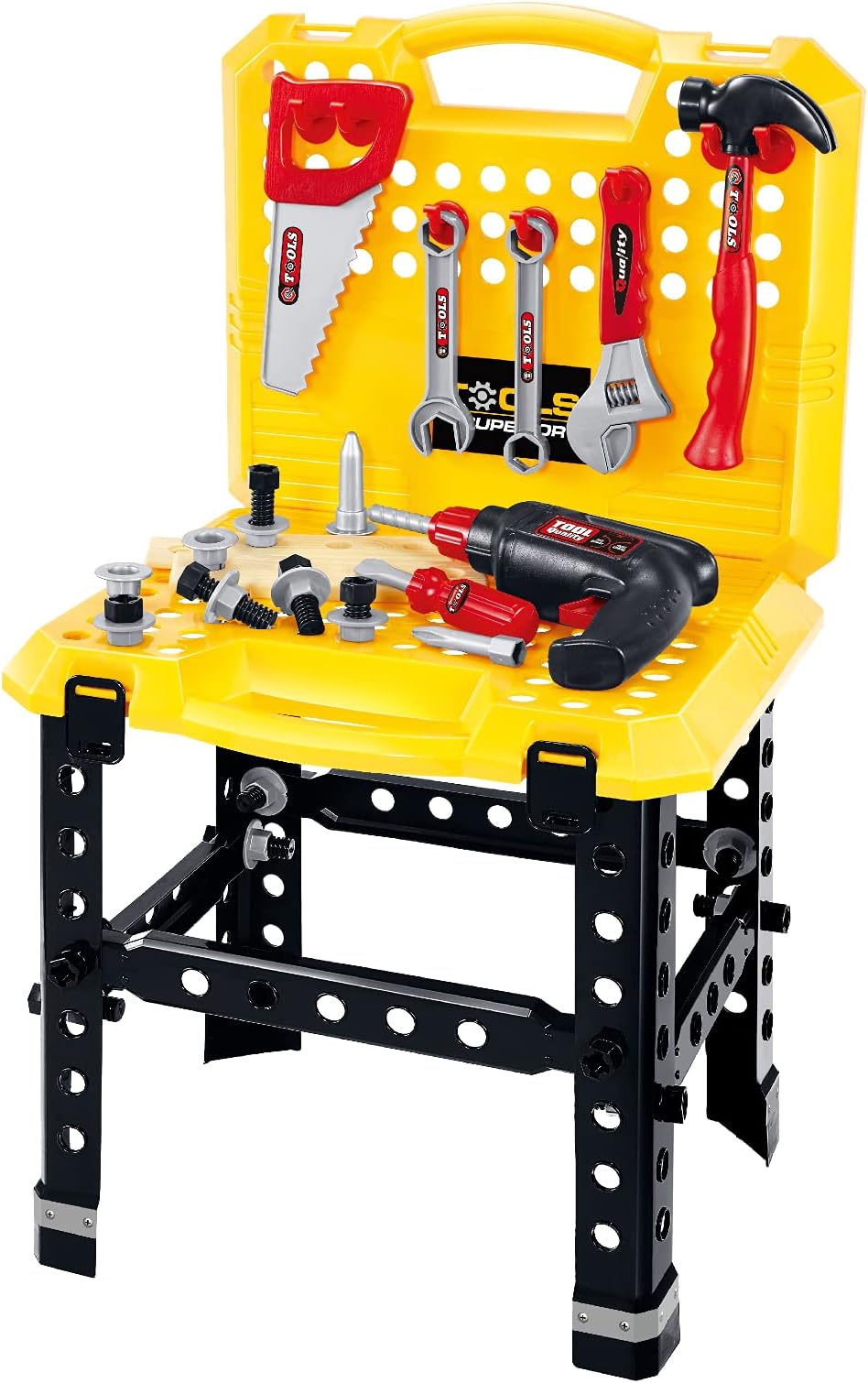 Quickdraw 57 Piece Work Tool Bench DIY Role Play Kids Toy Set - Realistic Tools, Rotating Drill, Portable Workbench - Pretend Playset for Children Ages 3+