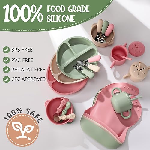 Miniatura 9 de Juego de 24 suministros de silicona para alimentación de bebé, incluye platos divididos de succión, cucharas suaves, tenedores, babero ajustable y