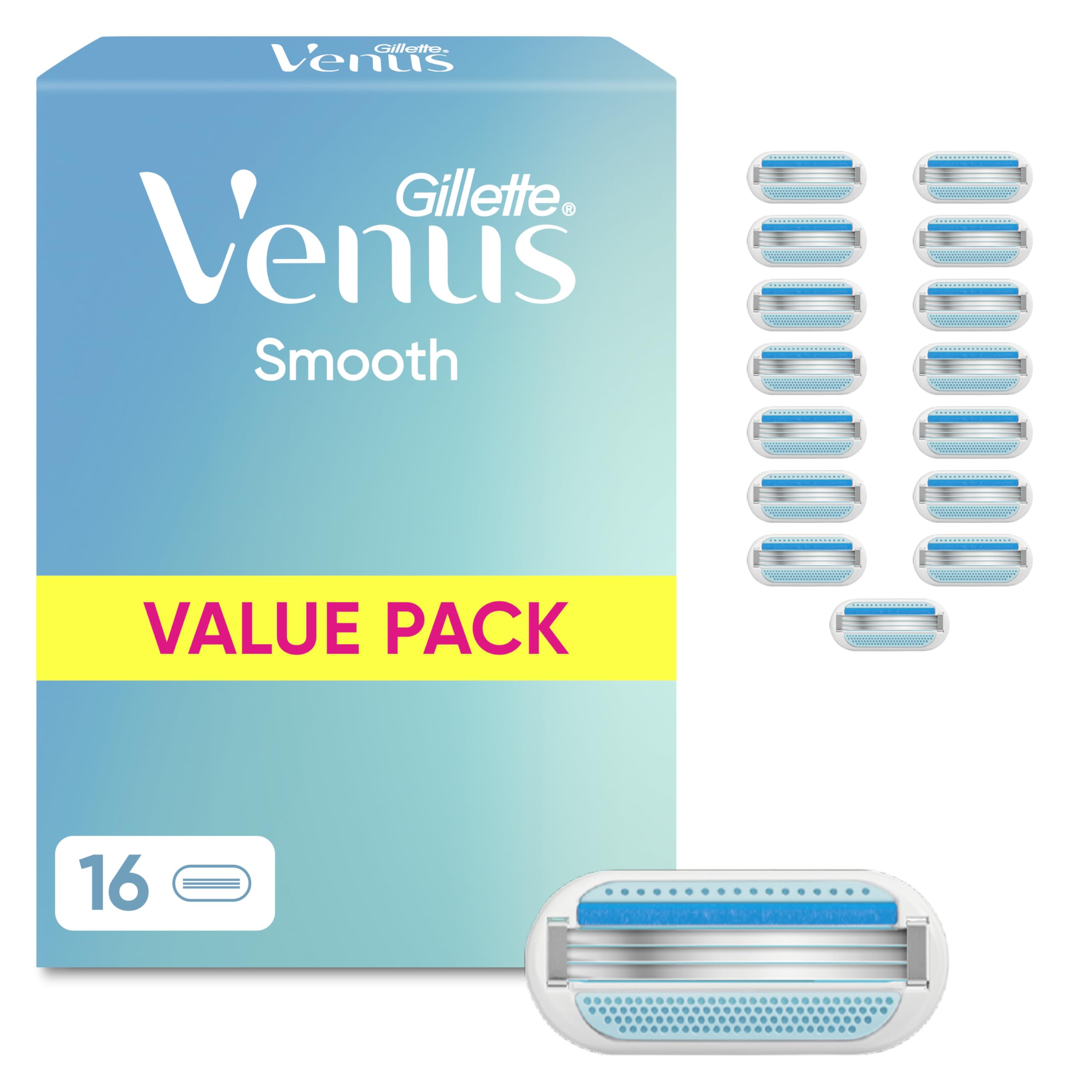 Gillette Venus Smooth Rasierklingen, 16 Original Ersatzklingen, Blau - Damenrasierer, Klingen für Nassrasierer für Eine Glatte Rasur mit 3 Klingen, Die Eine Schnelle Und Gründliche Rasur Ermöglichen