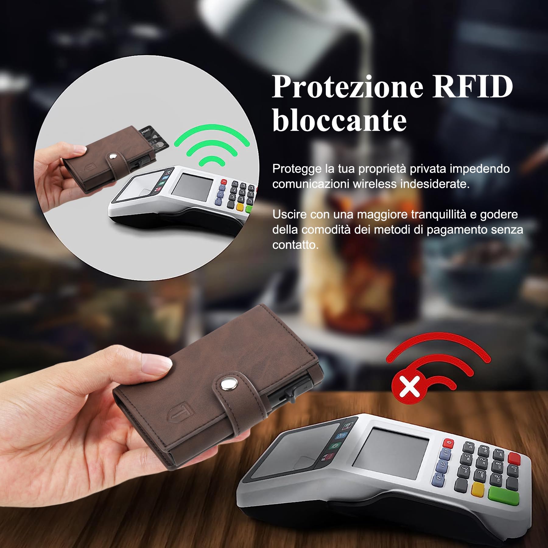 Tomylv Portafoglio Uomo, RFID Slim, Porta Carte di Credito, Tasca con Cerniera e Chiusura con Bottone, Donna, Scomparto per Banconota - Marrone