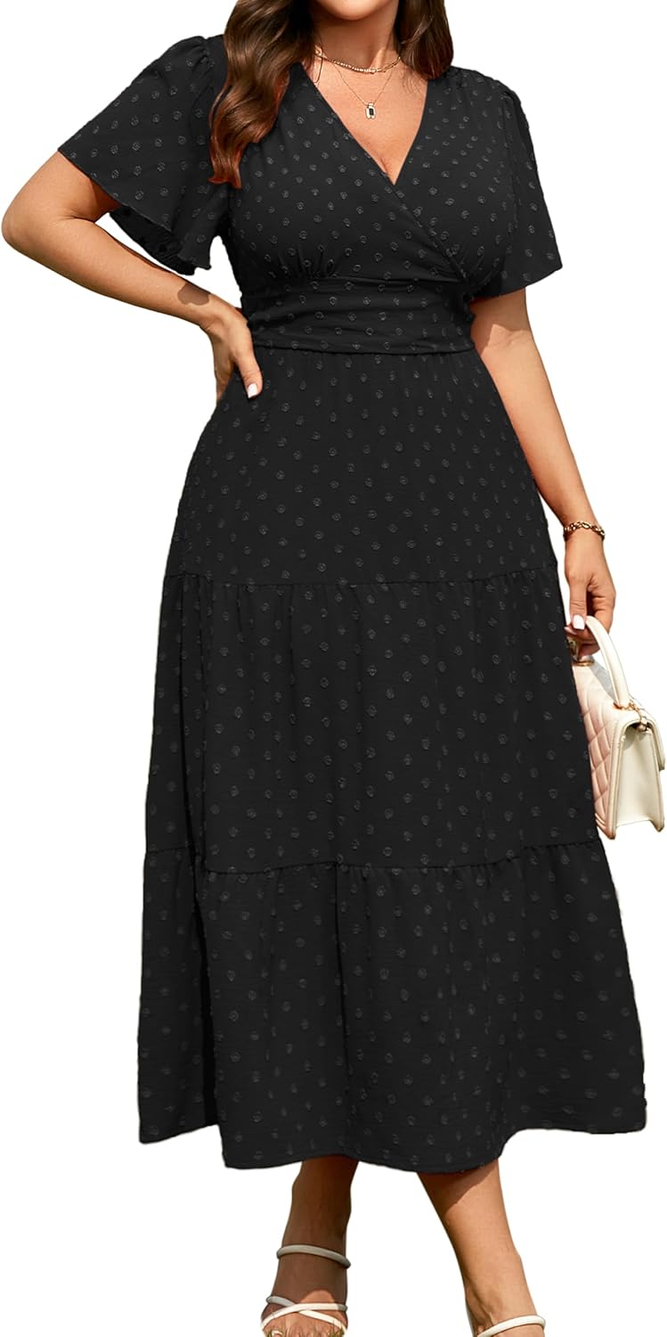 RWJ Women's Plus Size Wrap V Neck Dress Summer Short Sleeve Swiss Dot Empire Waist Casual Holiday Wedding Maxi Dresses