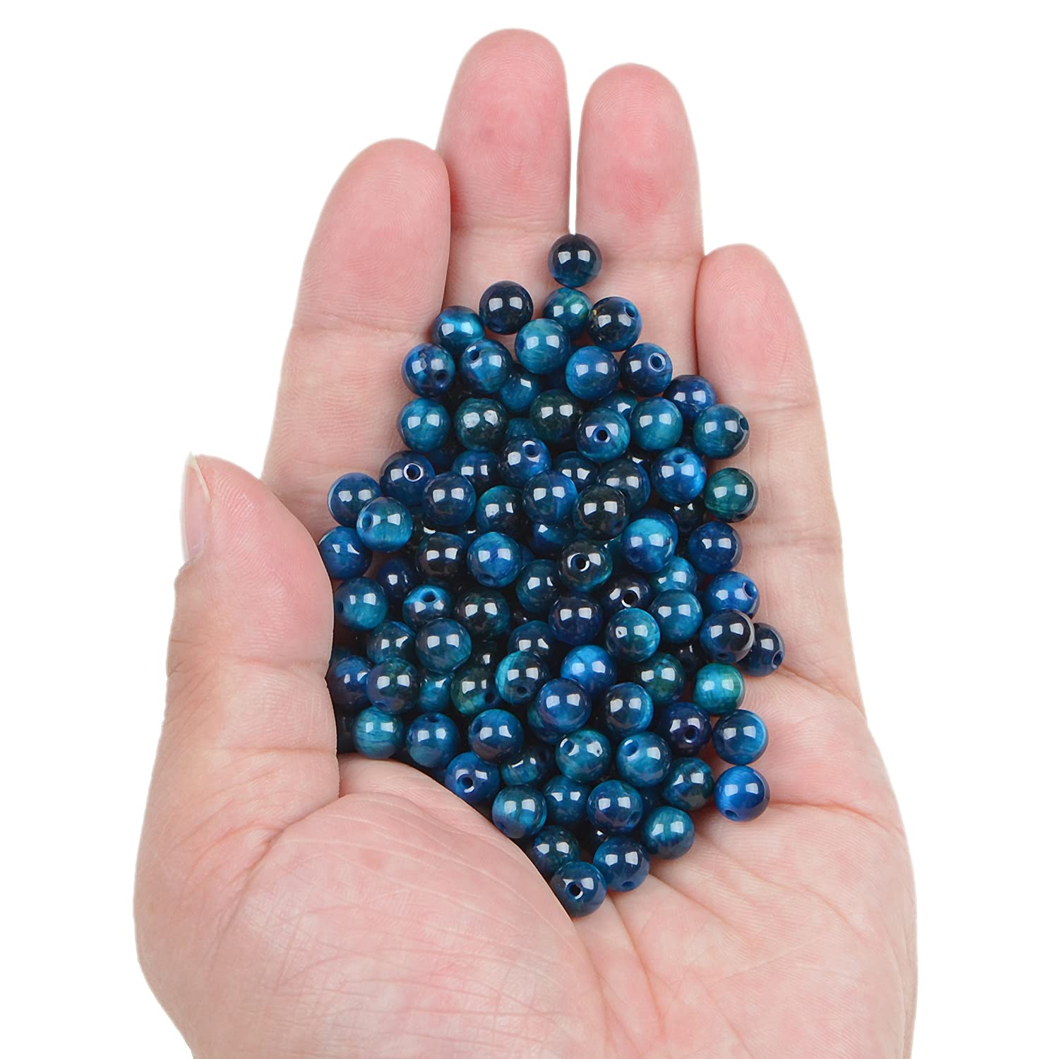 210 cuentas de cristal redondas, piedras preciosas, cuentas de curación energética, cuentas sueltas con cordón elástico para hacer joyas, pulseras, tobilleras (circonita azul, ojo de tigre, 6 mm, 210