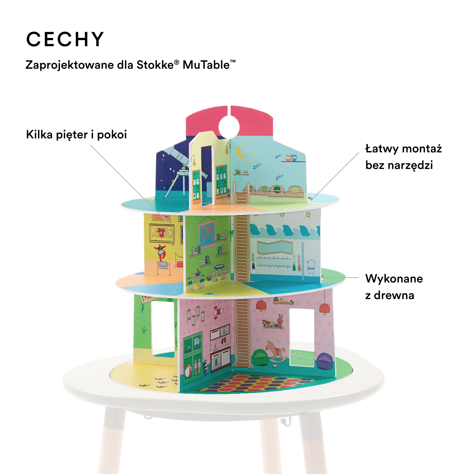 Domek do zabawy Stokke MuTable - nowy design 2023 r. - zawiera plac zabaw, dom rodzinny, muzeum i przedszkole - wykonany z drewna, montaż bez użycia śrub - dla dzieci w wieku 3+ lat