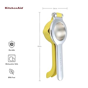 KitchenAid Citrus Juice Press Squeezer for Lemons and Limes with Seed Catcher and Pour Spout, Lemon, 8 Inch