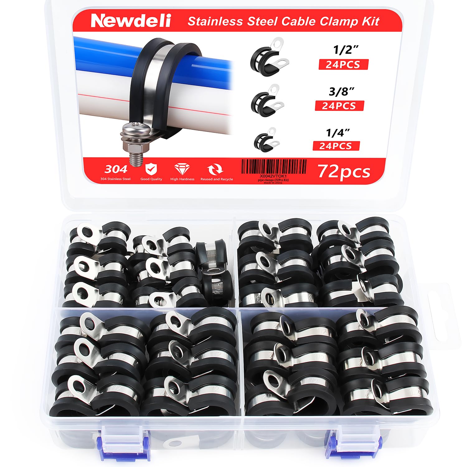 Newdeli 72Pcs Cable Clamps Assortment Kit 3 Sizes 1/4" 3/8" 1/2" Stainless Steel Cable Clamp Rubber Cushioned Hose Clamp Insulated Automotive Wire Pipe Clamps