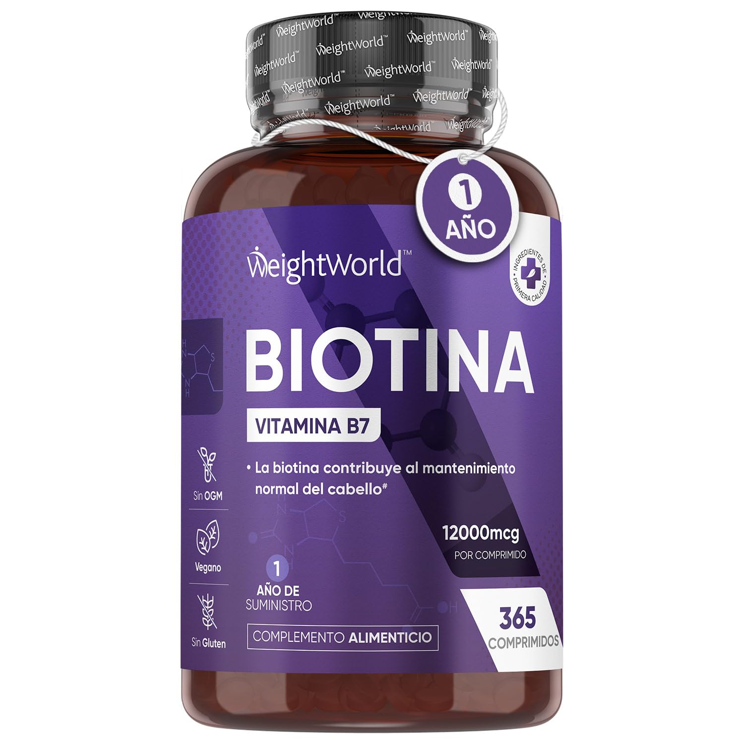 Biotina para el Cabello 12000 mcg - 365 Comprimidos | Suplemento de Vitamina B7 para Mujer y Hombre de Biotina Cabello, Piel, Uñas y Barba que Contribuye a su Crecimiento Natural | Para 1 Año, Vegano