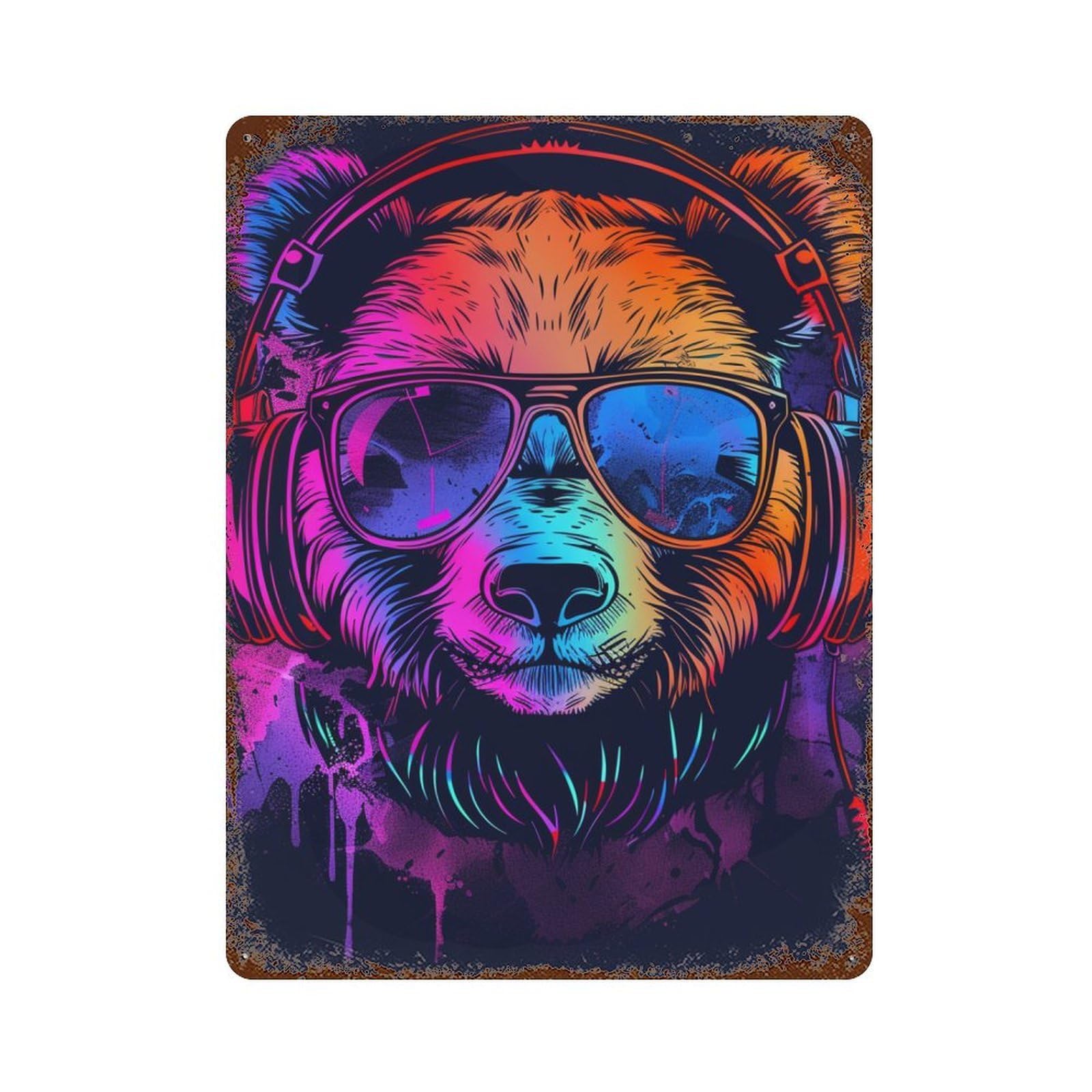 Neon Monkey Headphones Art Print -2 15.7"x11.8" Aged Metal Wall Plaque, Novelty Wall Decor for Shed, Workshop And Garage Wall Decor