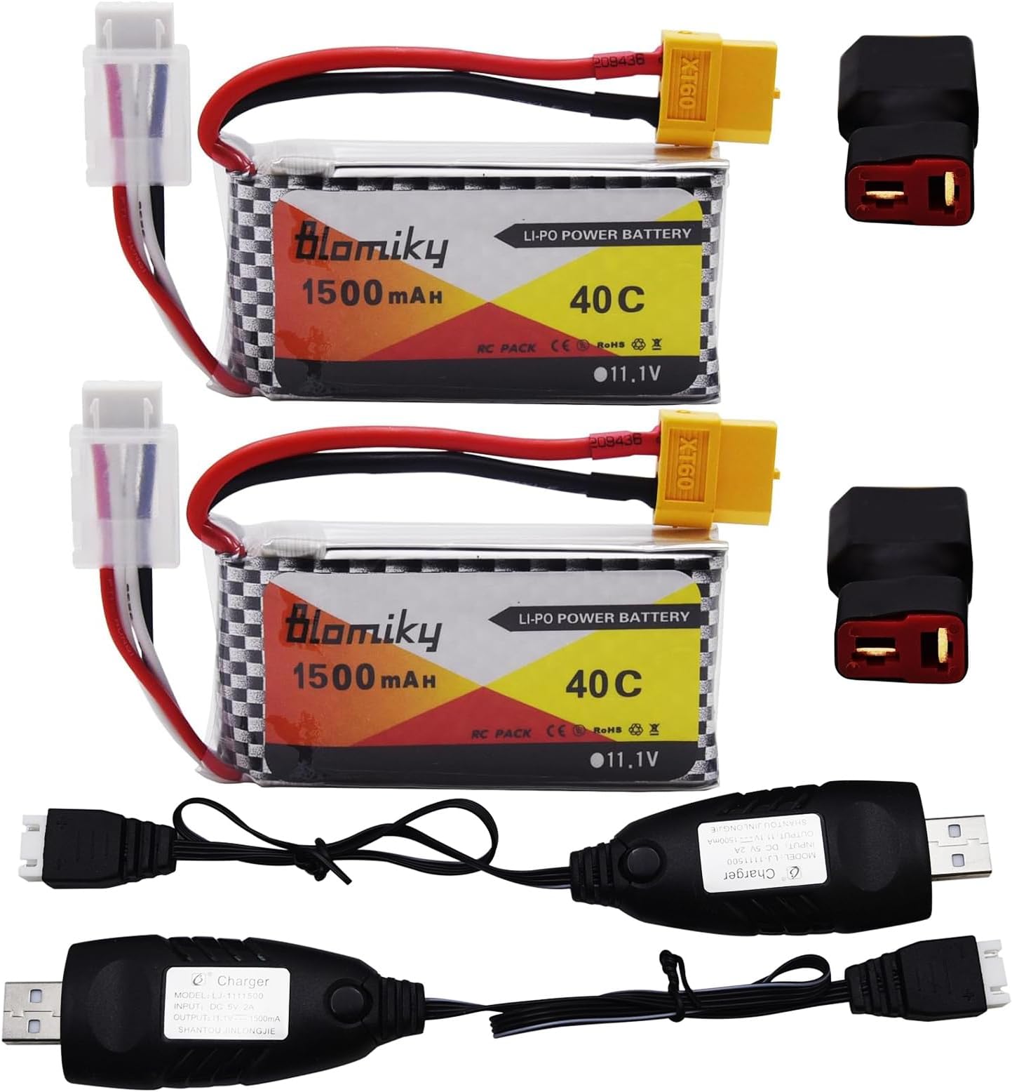 Blomiky 2 Pack 11.1V 3S 1500mAh Lipo Battery with XT60 Plug and 2 USB Cables Suitable for RC Car Drones Helicopter / 11.1V 1500mAh XT60 2