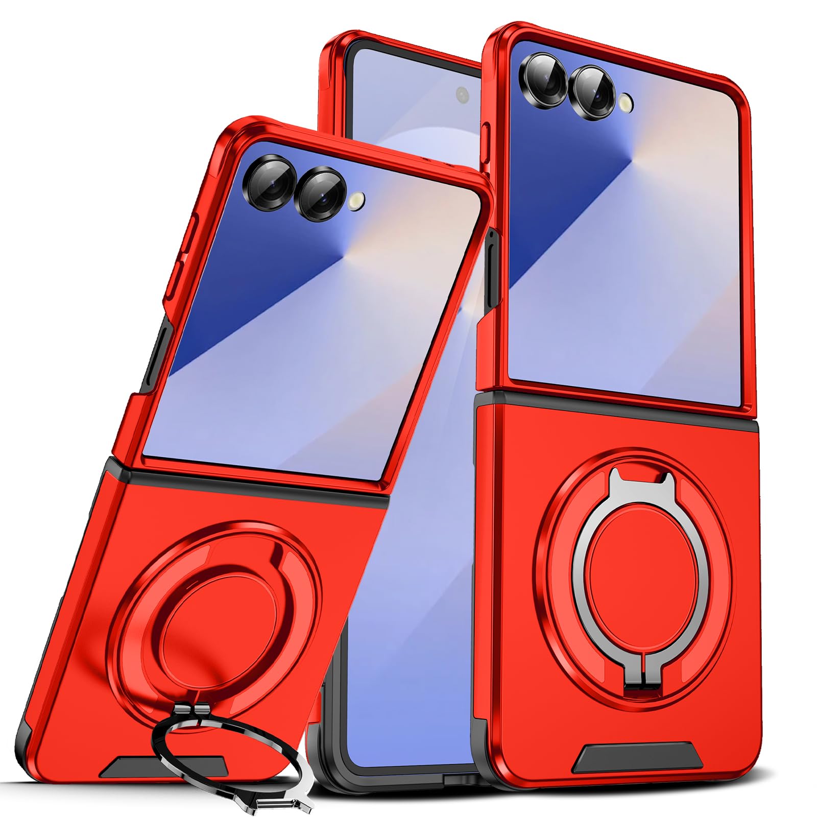 Galaxy Z Flip7 用 ケース Magnetic対応 スタンド付き リング付き 耐衝撃 レンズ保護 スライドカメラカバー TPU+PC 軽量 滑り止め 落下保護 スタンド機能 車載ホルダー対応 ギャラクシー Z フリップ7 携帯ケース 赤 R-LK-Flip7-03-CP