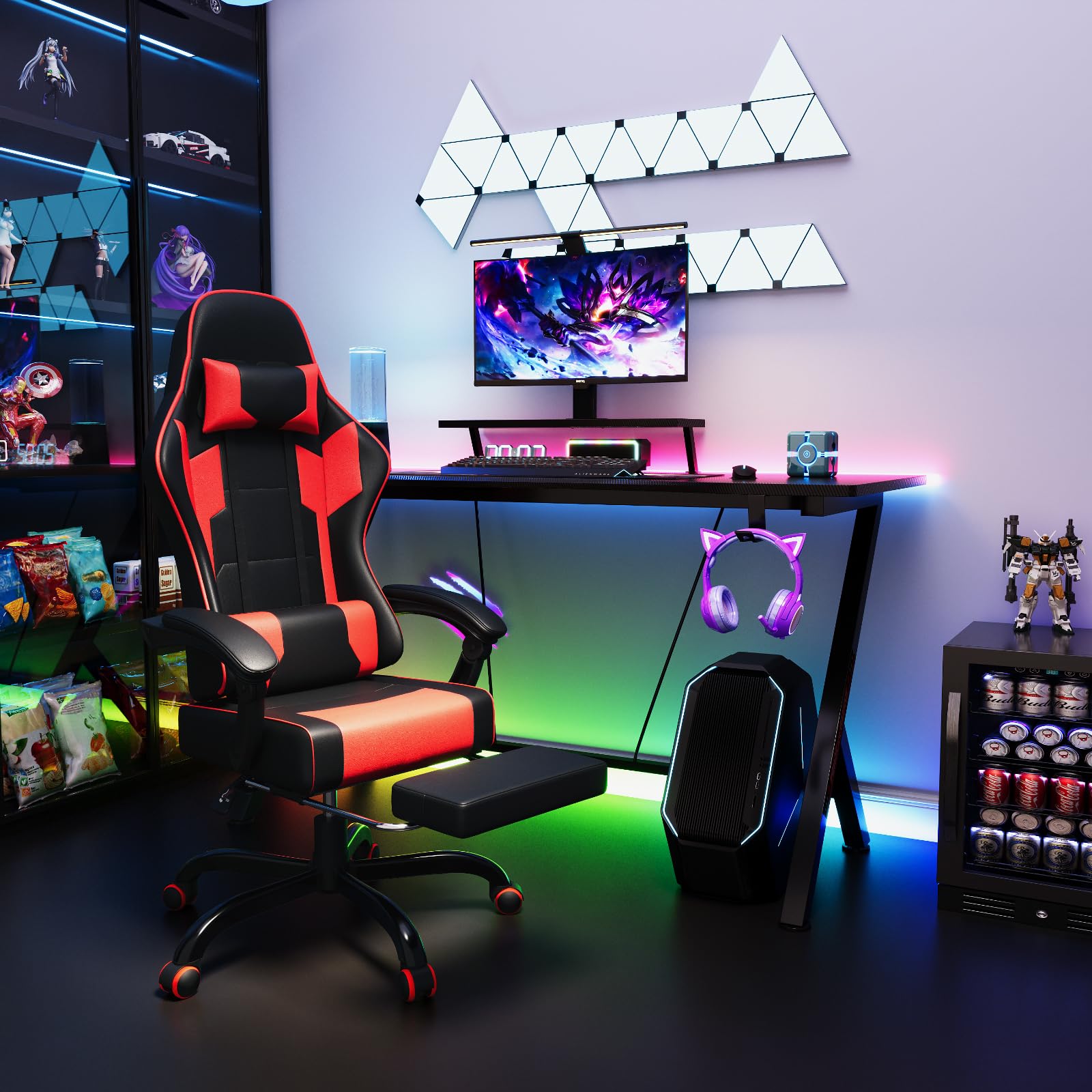 TRIUMPHKEY Sedia da Gaming Massaggiante,Sedia Gaming con Poggiapiedi Telescopico,Regolabile 90-150°,Poltrona da Gaming con Poggiatesta e Cuscino Lombare,Sedia da Ufficio,Portata 150kg(Rosso)