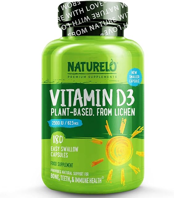 NATURELO Vitamin D - 2500 IU - Plant Based - from Lichen - Best Natural D3 Supplement for Immune System, Bone Support, Joint Health - Whole Food - Vegan - Non-GMO - Gluten Free - 180 Capsules