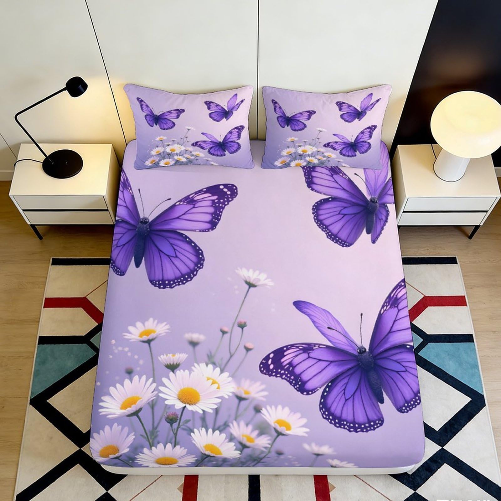 3D Printed Purple Butterfly Fitted Sheet Microfiber Soft Daisy Mattress Cover for Bedroom Dorm Mattress Protection Decor 90x200x25cm