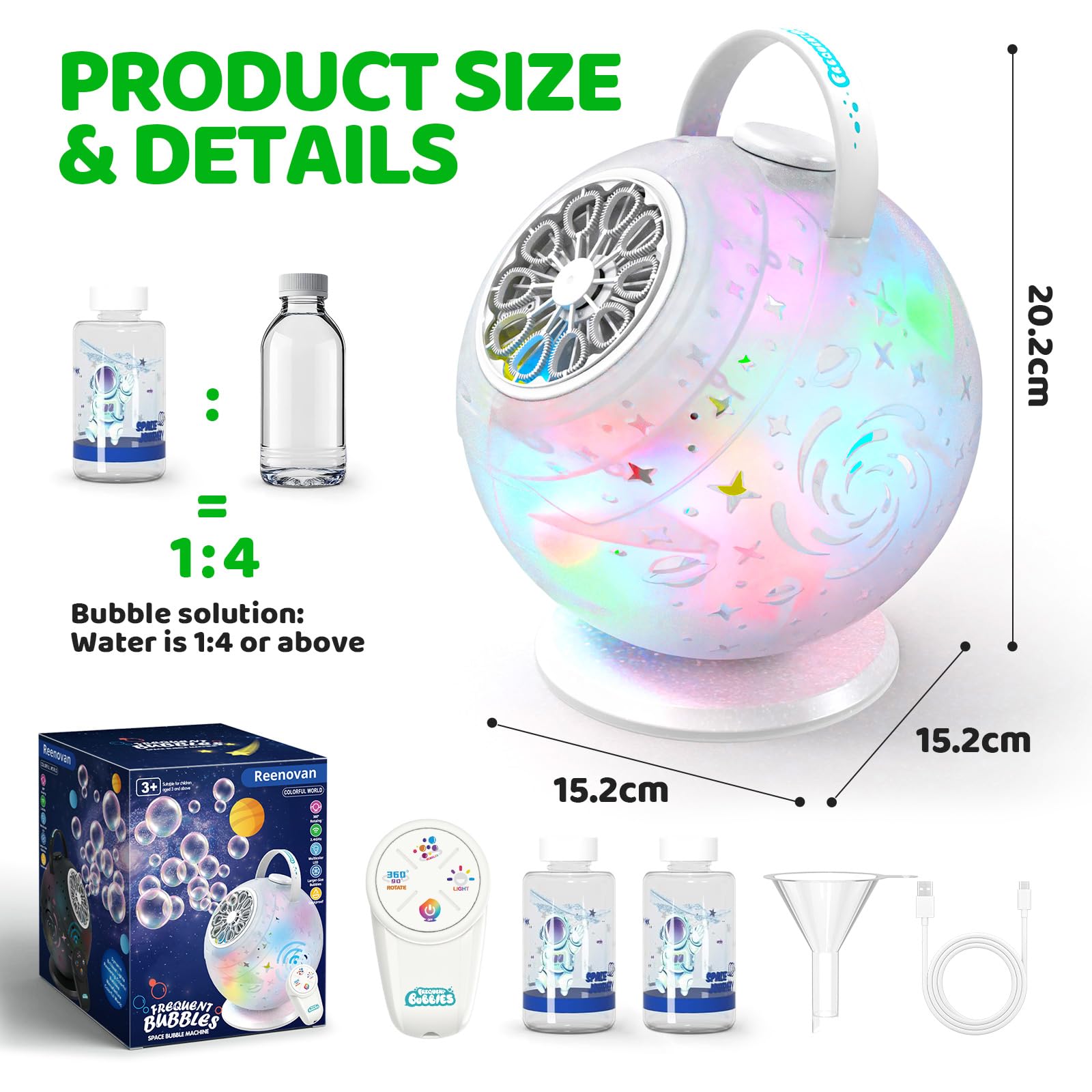 Tecnock Máquina de Burbujas Recargable con Mando a Distancia, Rotación 90°/360°, 20000+ Burbujas/Min, Luces LED de 7 Colores, Batería 1200 mAh, 45 Min de Autonomía, USB-C, para Niños, Fiestas y Bodas