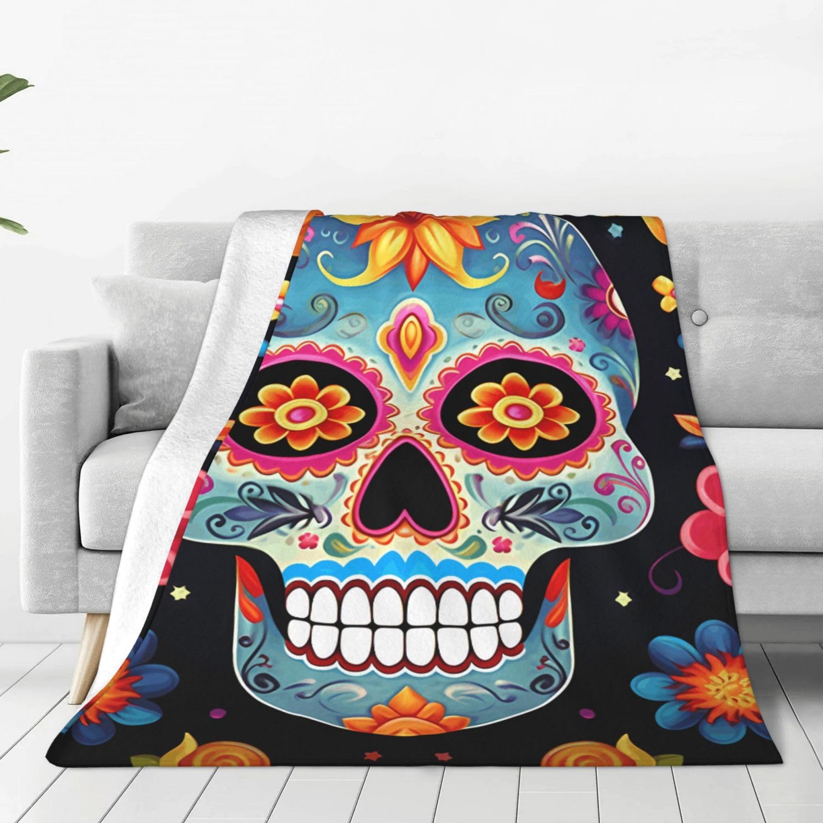 KLOPH Sugar Skulls Throw Blanket 50"x40" Flannel Fluffy Warm Blanket for Couch, Reversible Plush Blankets for Bed, Comfy Fuzzy Blanket for Sofa, Plush Lightweight-Blankets for All Season