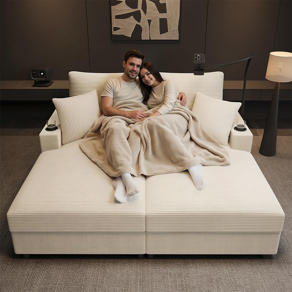 Bladez Doppelschlafsofa mit Schlaffunktion, Cord Sofa mit gepolsterter Liegefläche, Handyhalterung, USB- & USB-C-Anschluss, Getränkehalter, 2-Sitzer Couch für Wohnzimmer & Schlafzimmer (beige)