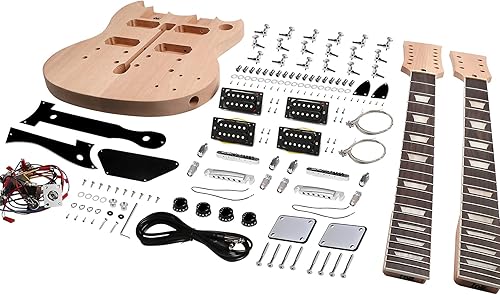 Miniatura 9 de Kit de guitarra eléctrica para bricolaje, kits de guitarra de doble cuello, kits para principiantes, 12 cuerdas para diestros con cuerpo de caoba,