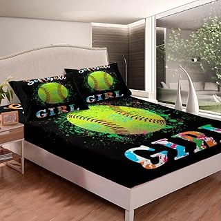 Kids Softball Fitted Sheet Full Size Sports Theme Bed Sheet Set for Boys Girls Teens Bedroom Decor Colorful Tie Dye Bedding Set Women Men Ball Game Bed Cover Deep Pocket Full Size with 2 Pillow Case