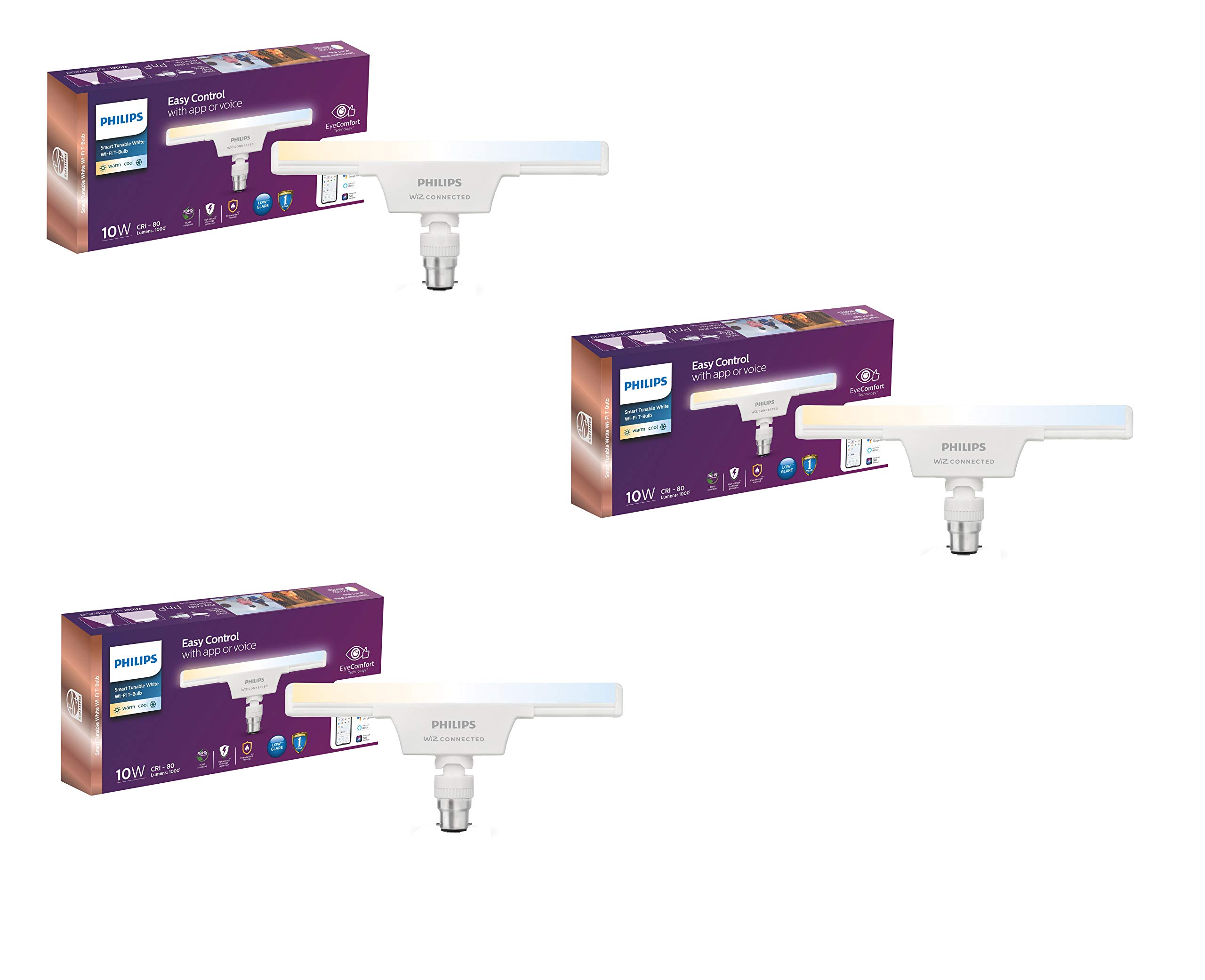 WiZ 10W B22 Wi-Fi & Bluetooth LED Smart T-Bulb with Music Sync, Compatible with Amazon Alexa & Google Assistant, 16 Million Colours & Motion Sensing Technology | Pack of 3