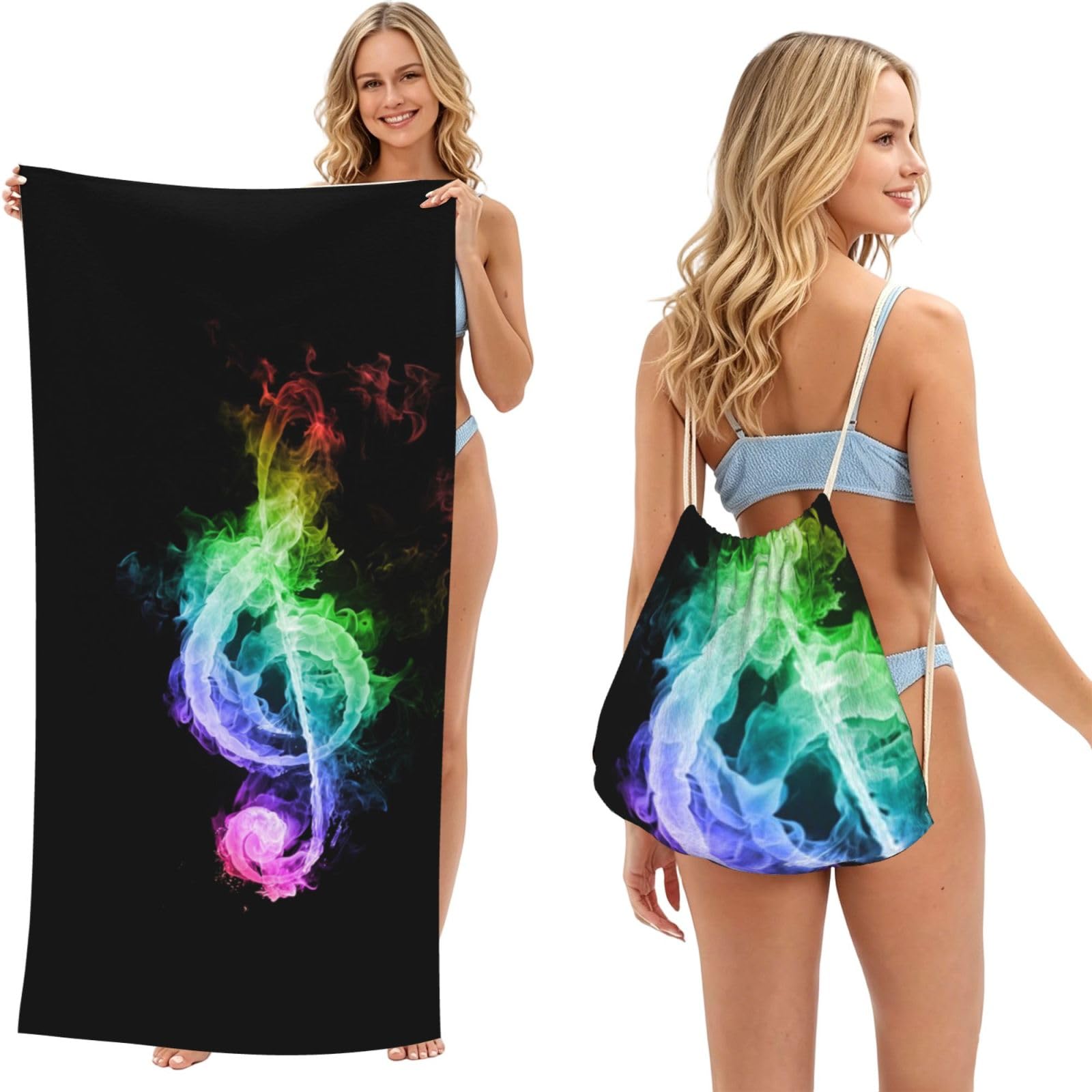 WSHFFILO Colorful Music Notes printed 2 in 1 Packable Towel Bag Bath Towel Beach Towel