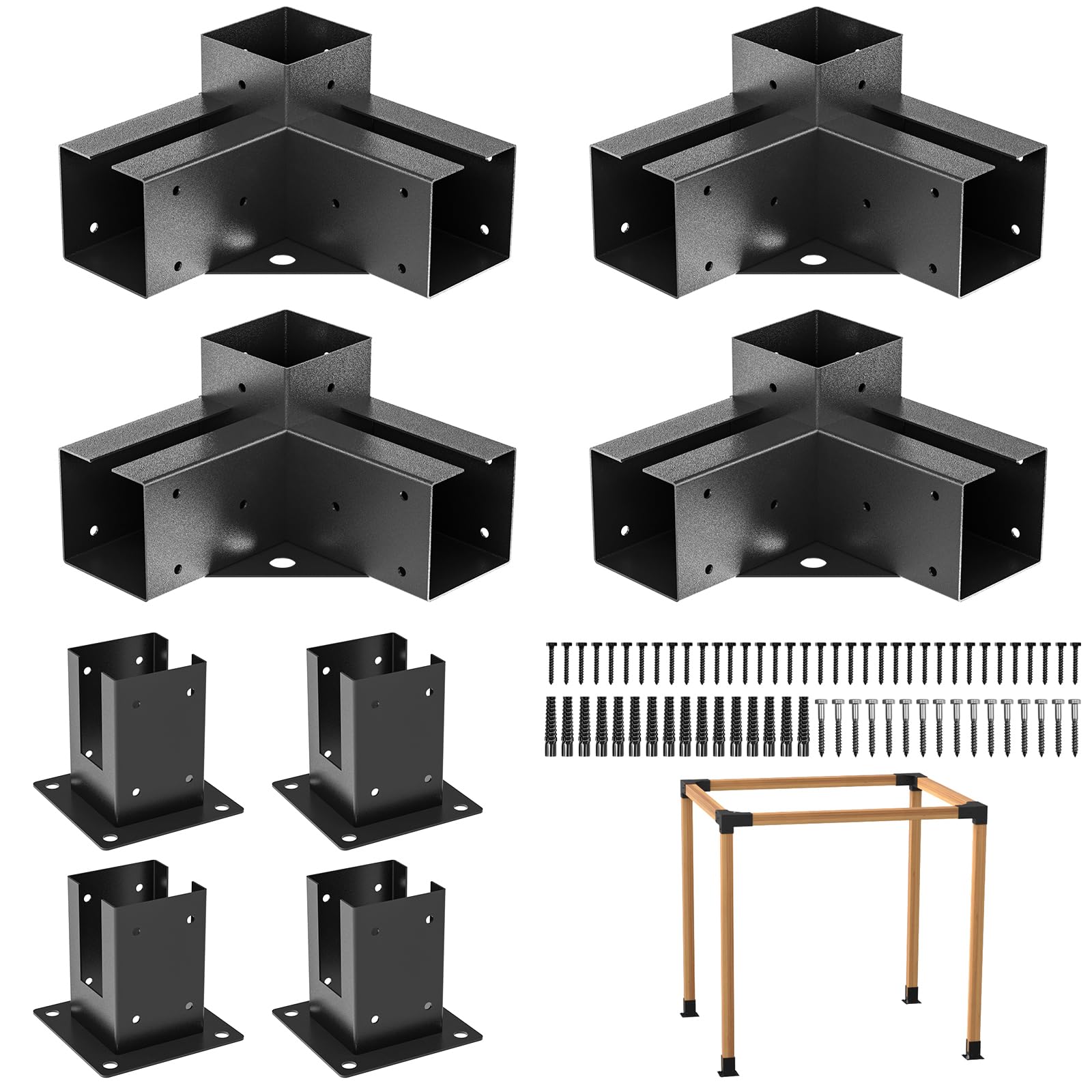 Pergola Brackets, 8PCS Woodworks Pergola Kit, 4PCS 3-Way Right Angle Corner Bracket and 4PCS Wood Stand Deck Post Base Included, Pergola Gazebo Kit for 4x4 Lumber