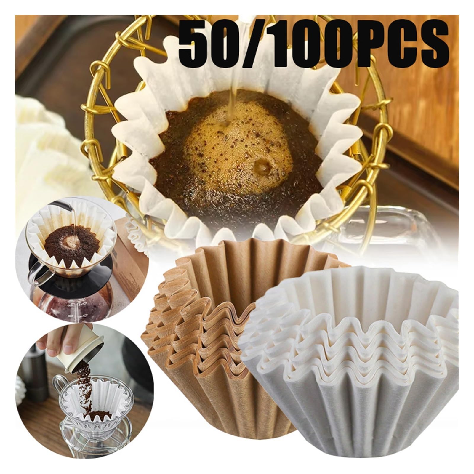 50 Uds Filtros De Café Tipo Goteo Papel Filtro Pulpa Madera for Hecho A Mano(Large white 100pcs)
