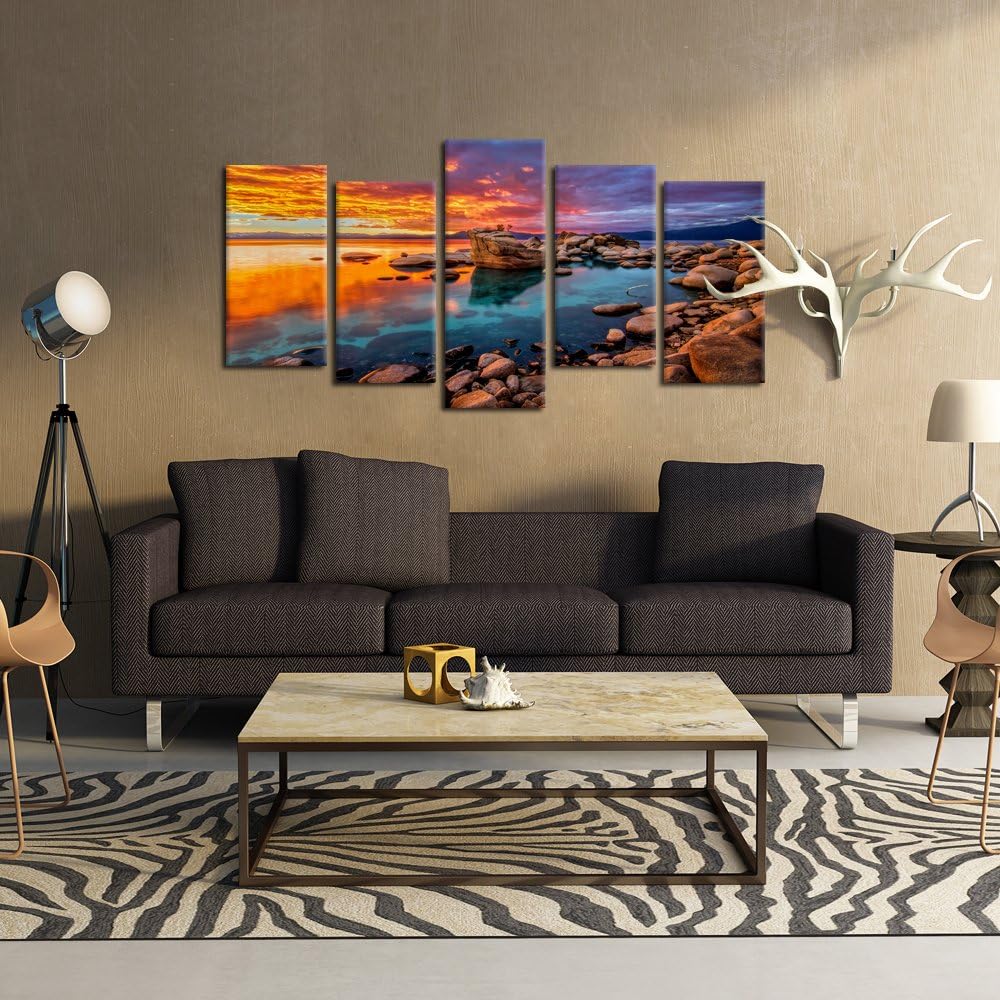 KREATIVE ARTS Large 5 Piece Canvas Prints Candy Skies Lake Tahoe Wall Art Rocky Shore In Nevada California Giclee Stretched And Framed Landscape Picture For House Decorations