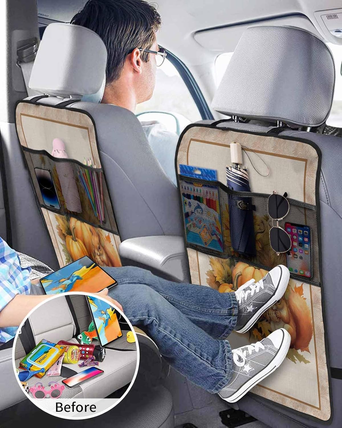 Car Seat Protector, 2 Pack Kick Mats with Organizer - 3 Pocket Storage, Thanksgiving Sunflowers and Pumpkin with Squirrel Back Seat Cover for Kids Universal Fit Automotive Interior Protectors