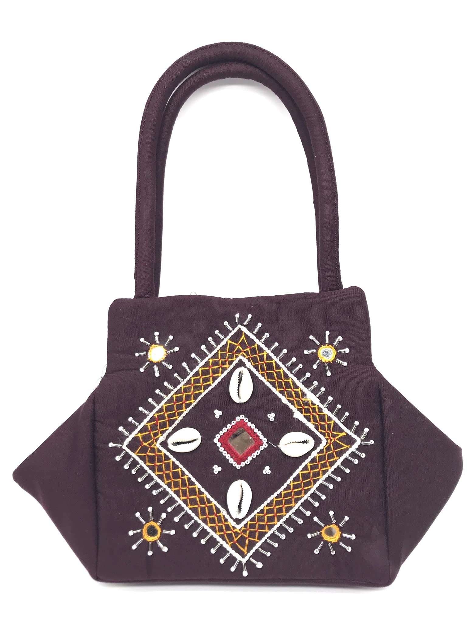 srishopify handicraftsSriShopify Handcrafted MINI Hand Bag For Women Stylish Bag Cotton Original Kaudi shells Handmade Handbags For Ladies Rakhi Rrakshabandhan Gift For Sister Birthday 10x6x4 Inch Small Size