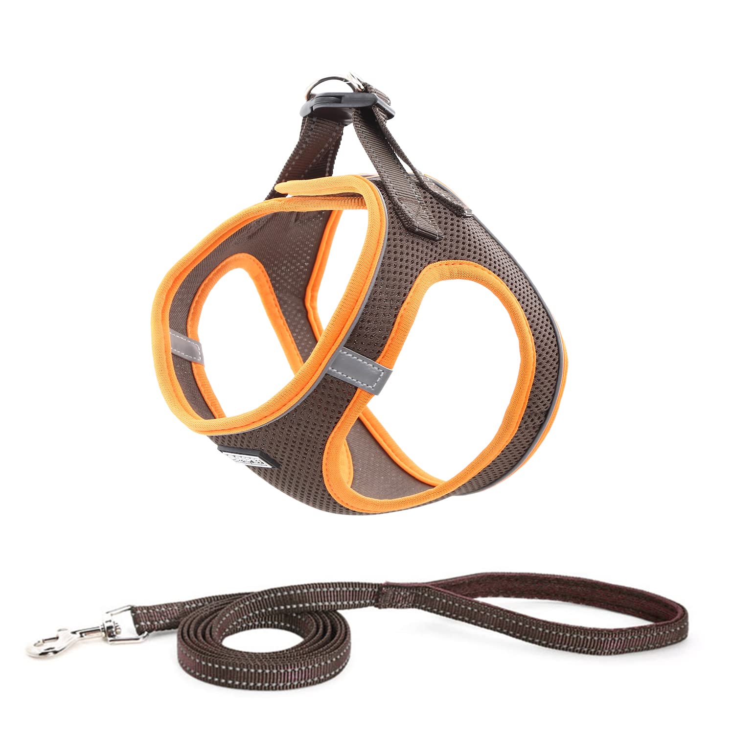 Suredoo Hundegeschirr mit Leine Anti Zug Geschirr Reflektierend Brustgeschirr für Kleine Hunde, Haustiere, Welpen, Katzen (Braun Orange, XS)