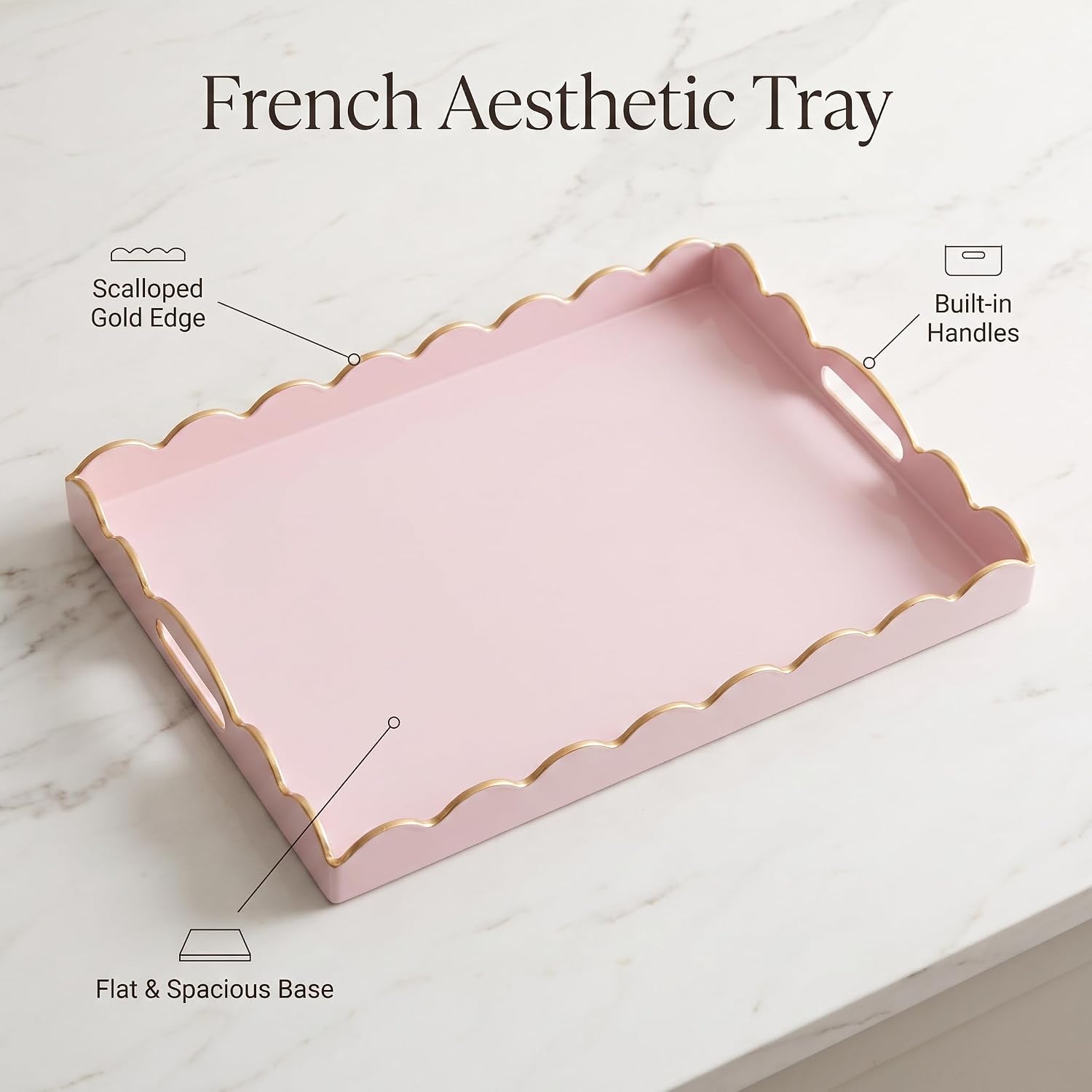 Gifturbo Pink Serving Trays,Decorative Rectangular Serving Tray with Handles, Coffee Table Wavy Edge Trays Plastic Tray for Ottoman Bathroom,Living Room, 15.4” x 11.4” x1.5”