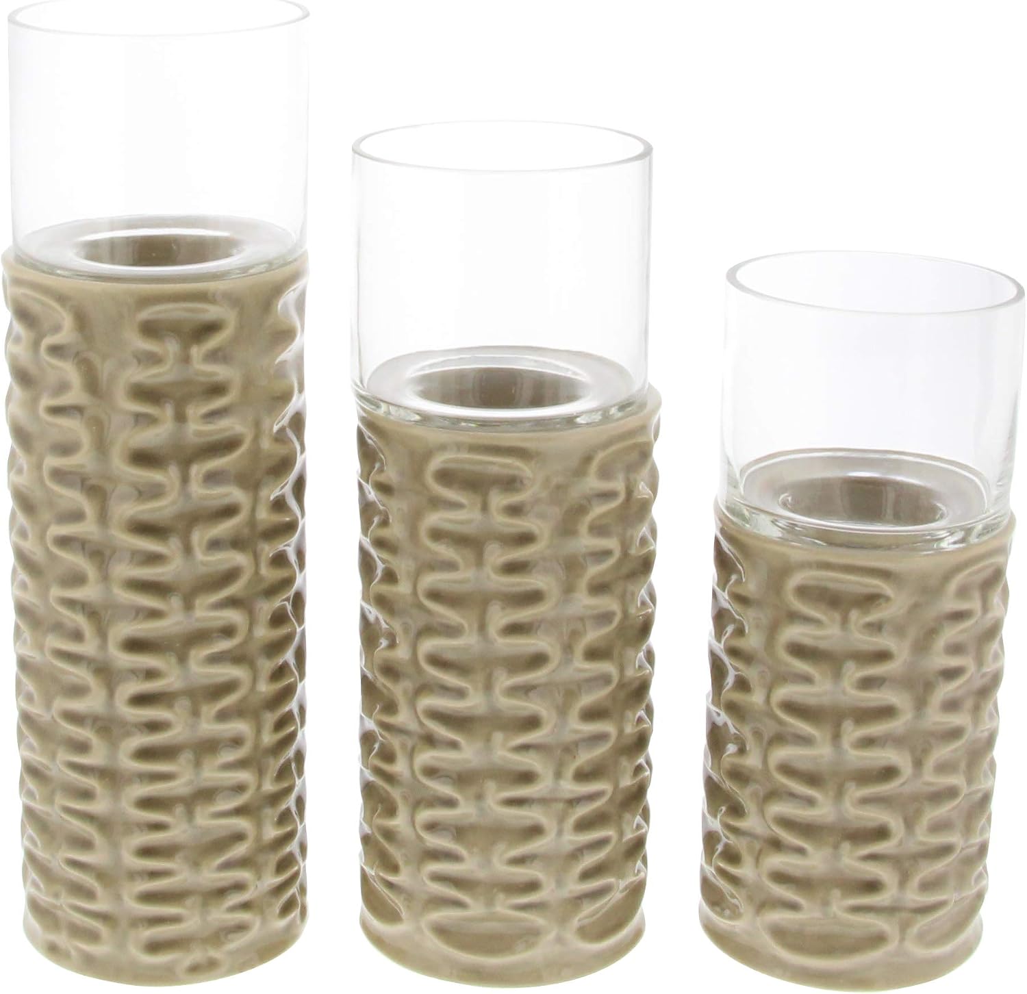 Deco 79 67113 Light Brown Ridged Ceramic Glass Candle Holders, 10" x 11" x 13", Lightbrown/Clear