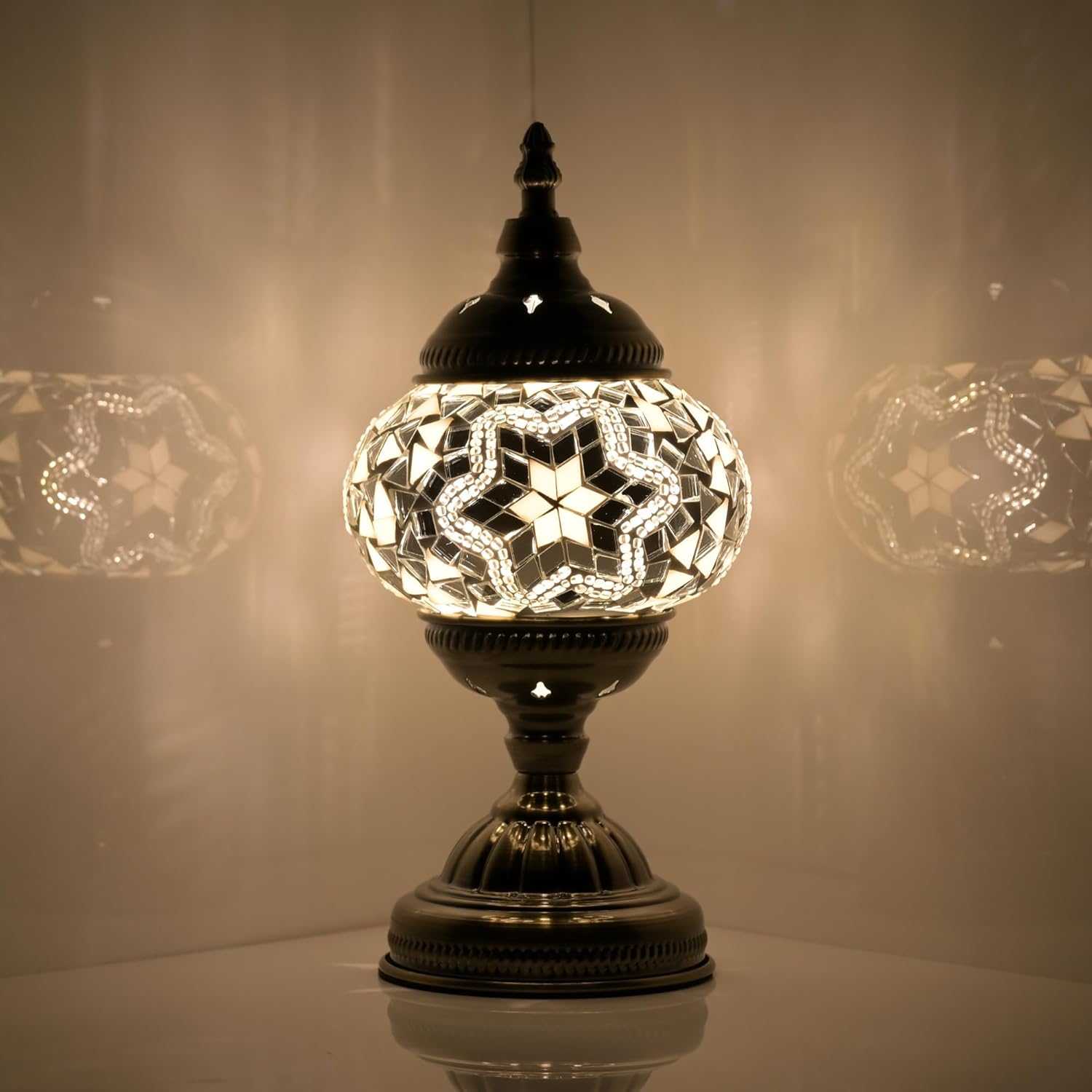 GOGERS Turkish Moroccan Table Lamp with Handmade Mosaic Glass Shade - Tiffany Bohemian Stained Glass Desk Bedside Night Light (White Set of 2)