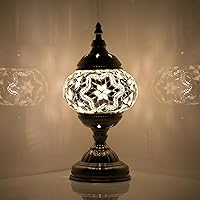 GOGERS Turkish Moroccan Table Lamp with Handmade Mosaic Glass Shade - Tiffany Bohemian Stained Glass Desk Bedside Night Light (White Set of 2)