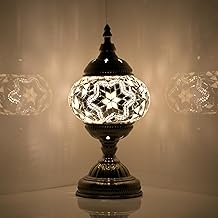 GOGERS Turkish Moroccan Table Lamp Lantern with Handmade Mosaic Glass Lampshade Tiffany Style Bohemian Stained Glass Decorative Desk Lamps Bedside Night Lights for Bedroom (White 2)