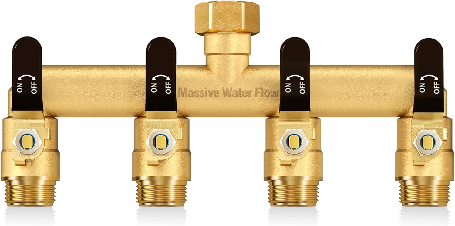 4 Way Hose Splitter, Heavy Duty Full Flow Garden Water Hose Bib Spigot Splitter, Brass Rust and Freeze Resistant Outdoor Faucet Splitter, T Adapter Connector with 3/4 - Inch GHT Thread （Black）