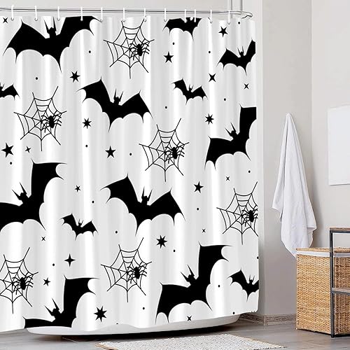 Miniatura 3 de Cortina de ducha aterradora de Halloween, diseño de murciélago blanco y negro, moderno y divertido, para decoración de baño, juego de cortinas con