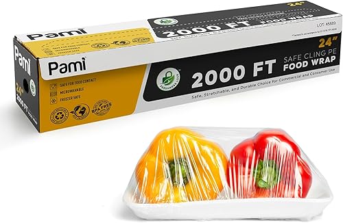 PAMI Envoltura de plástico de polietileno segura (24 pulgadas x 2000 pies), con caja dispensadora, apta para alimentos, rollo de película de
