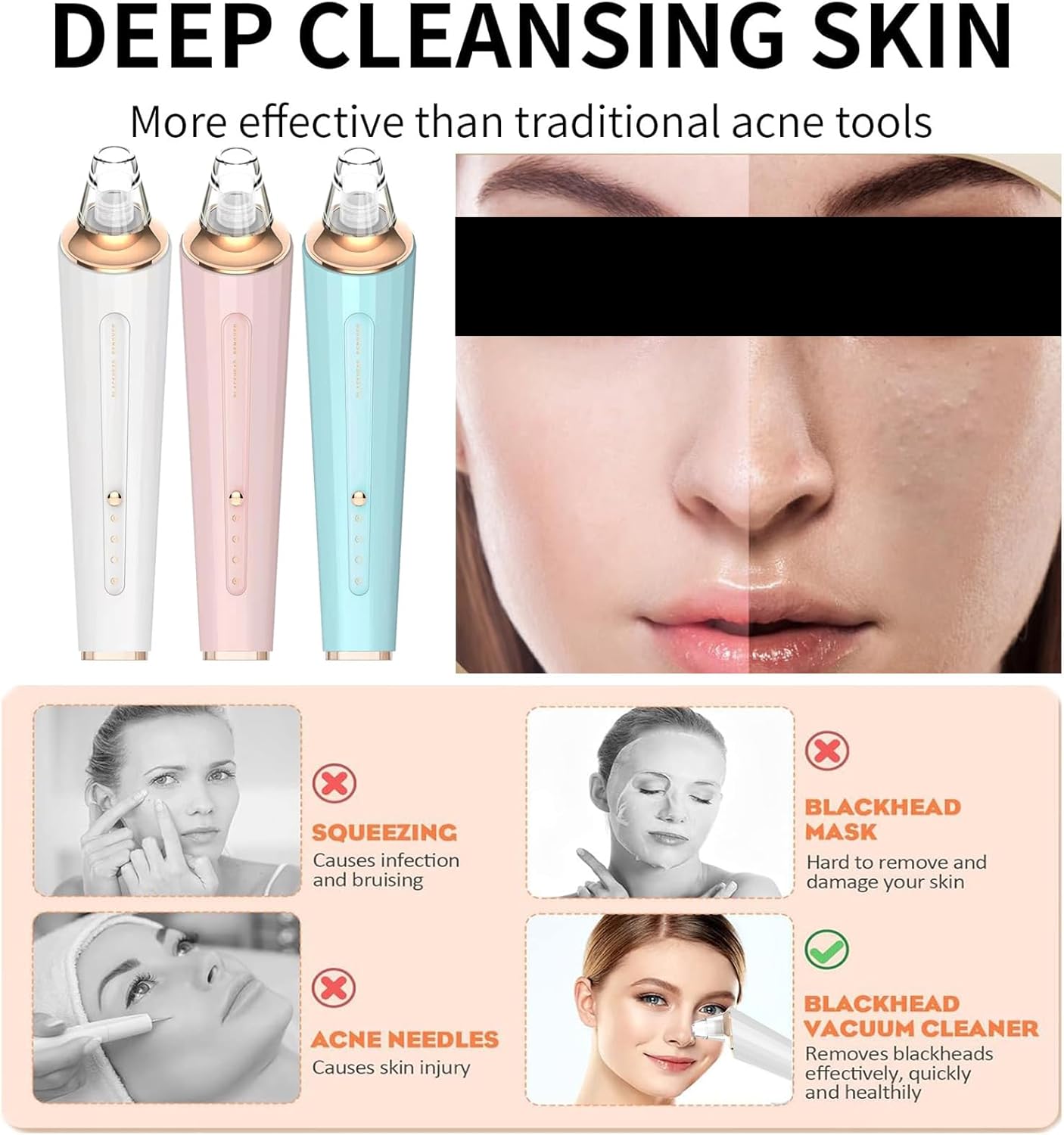 Blackhead Remover Pore Vacuum, Upgraded USB Rechargeable Facial Pore Cleaner Blackhead Removal Kit with 3 Suction Power,5 Probes Black Head Extractions Tool for Women & Men - Image 5