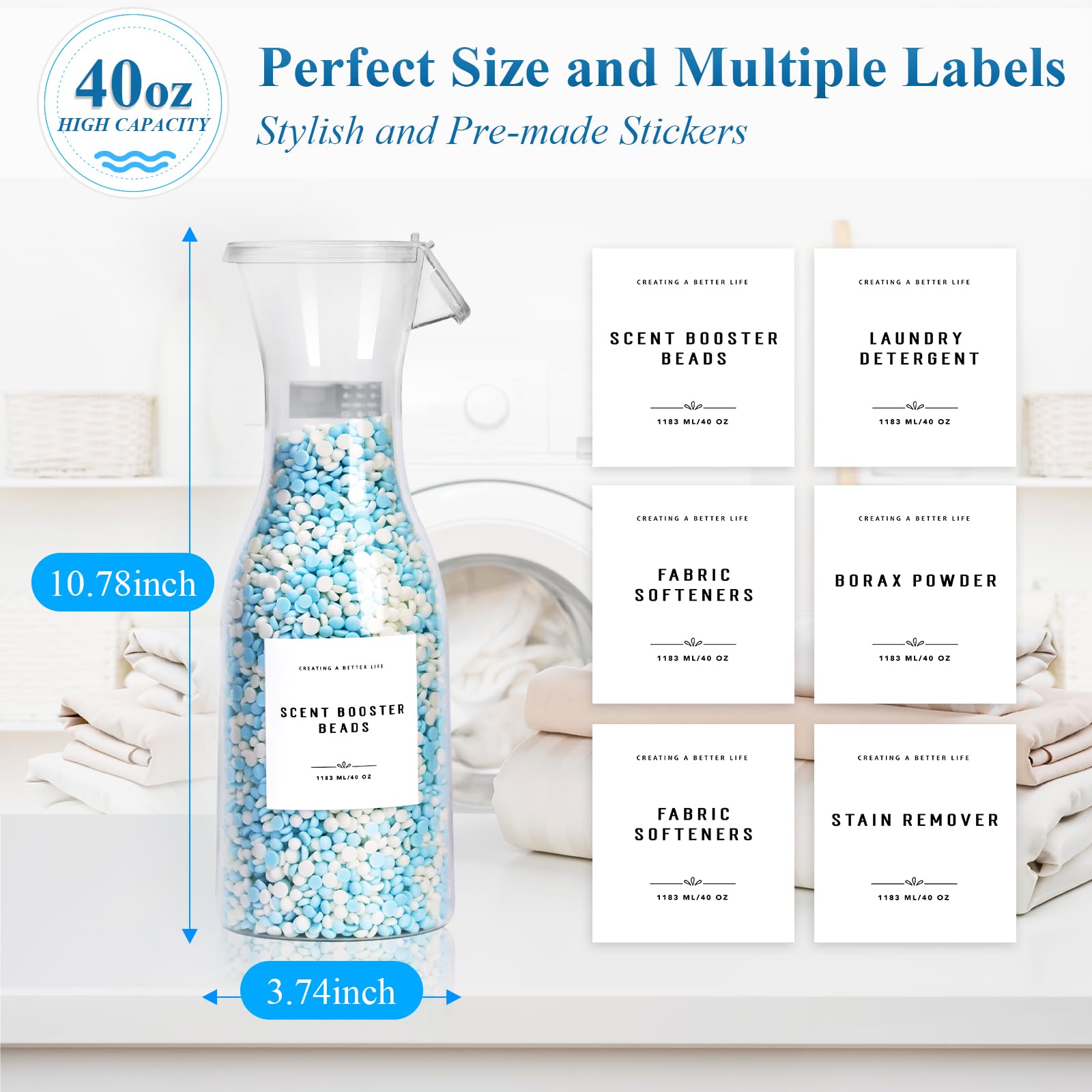 Botella dispensadora de detergente para ropa de 40 onzas con etiqueta impermeable para detergente de lavandería, jabón, suavizante de tela, cuentas potenciadoras de aroma, botella de PET