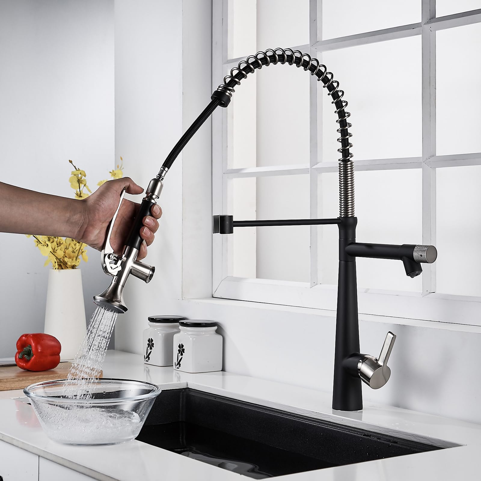 ZYCHSJXA Kitchen Spring Mixer Tap Brass 2 Outlets Flexible Spout Rotary Single Hole-Black + Brushed