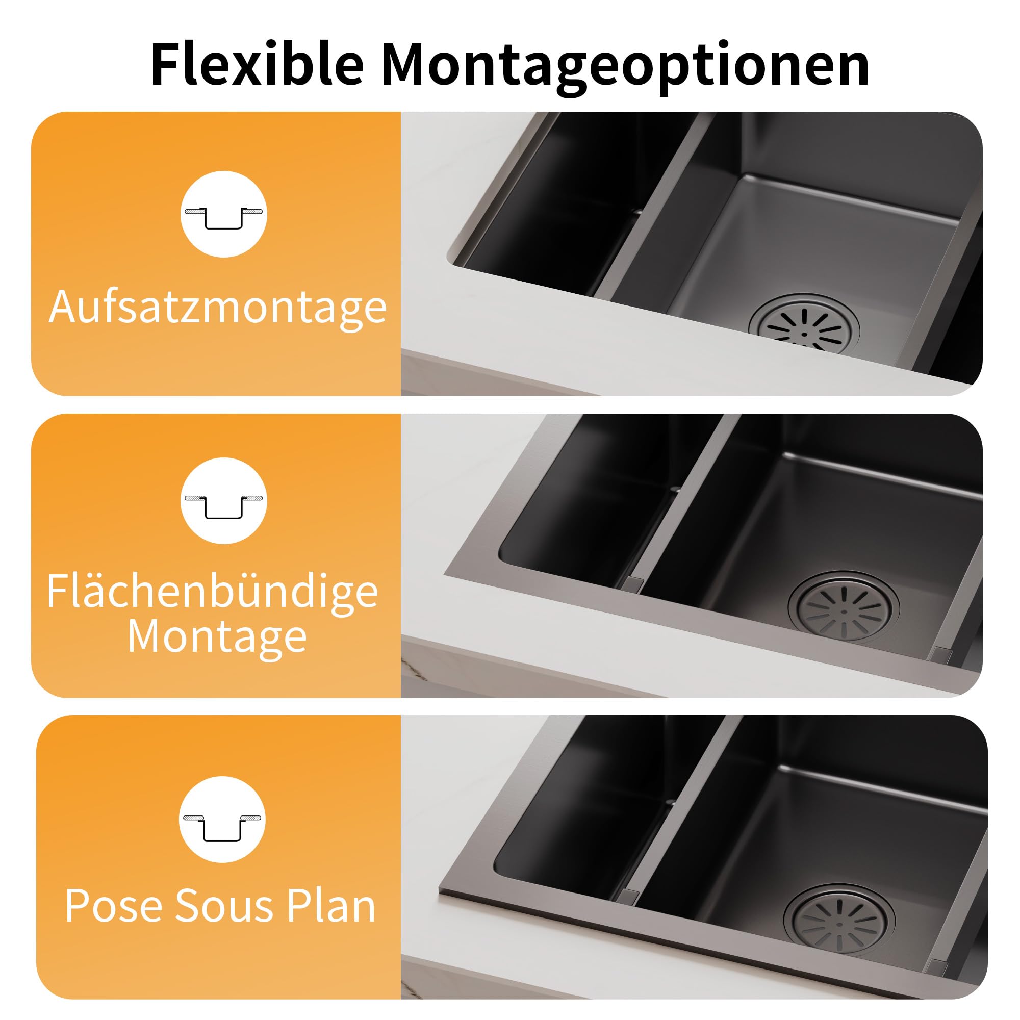 DeerValley Edelstahlspüle, Multifunktionsspüle aus Edelstahl 304 mit ausziehbarem Wasserhahn, Hochdruck-Glasreiniger, Wasserfall, Seifenspender und Arbeitsschiene für Küche - Dunkelgrau