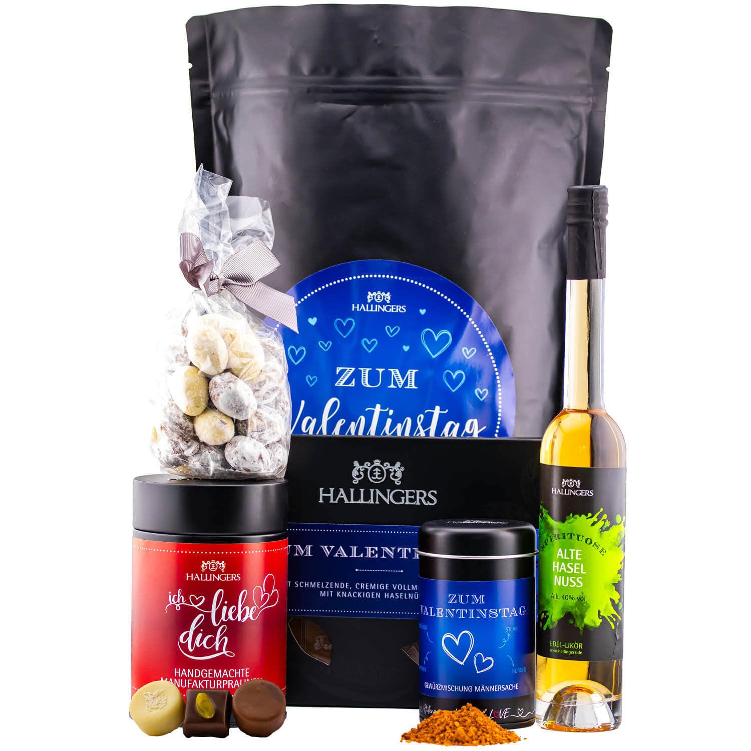 Hallingers Genuss Manufaktur Feinkost Valentinstagsgeschenk-Set - XXL-Wundertüte "Zum Valentinsta..." großer Liebesgruß Haselnuss-Likör, Nougat, Pralinen, Schokolade & Gewürz, Valentintstag für Männer