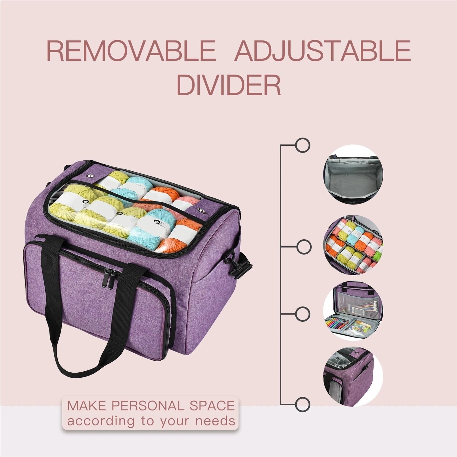 Bolsa Para Guardar Herramientas De Punto Bolsa de tejer, organizador hilo con divisor interior for ganchos ganchillo lana, juego costura agujas, bolsa almacenamiento DIY(Gray)