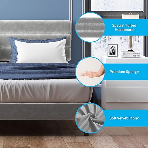 Miniatura 3 de Mjkone Base de cama de plataforma tamaño King con cabecera ajustable, moderno marco de cama tapizado de terciopelo holandés, marco de cama con