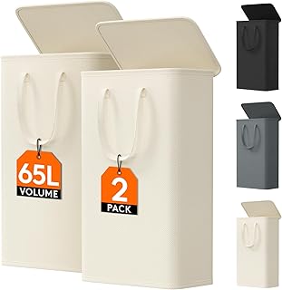 Lifewit 65L Slim Laundry Hamper, Small Laundry Basket with Lid, Dirty Narrow Collapsible Clothes Storage with Easy Carry Extended Handles, Tall Hampers for Bedroom Laundry Room, White, 2 Packs
